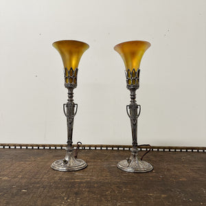 Rare 1920s Steuben Boudoir Lamps with Aurene Trumpet Shades - Nickel Plating Bronze- Rare Antique Pair of Table Lamps - Ornate Floral - AS IS