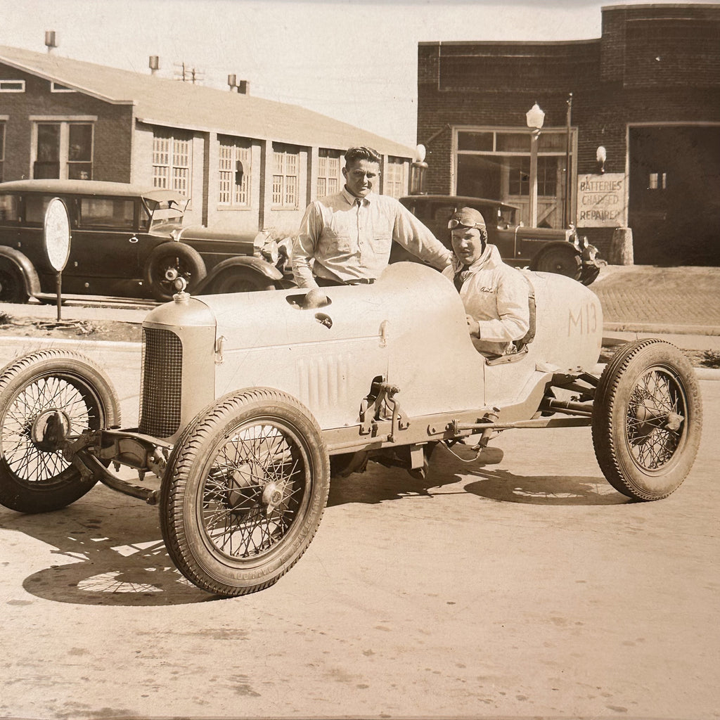 Early 1900s Race Car Photograph in Front of Gas Station - Chicago Area Automotive History - Antique Racing Photography - Gargolye Motor Oil