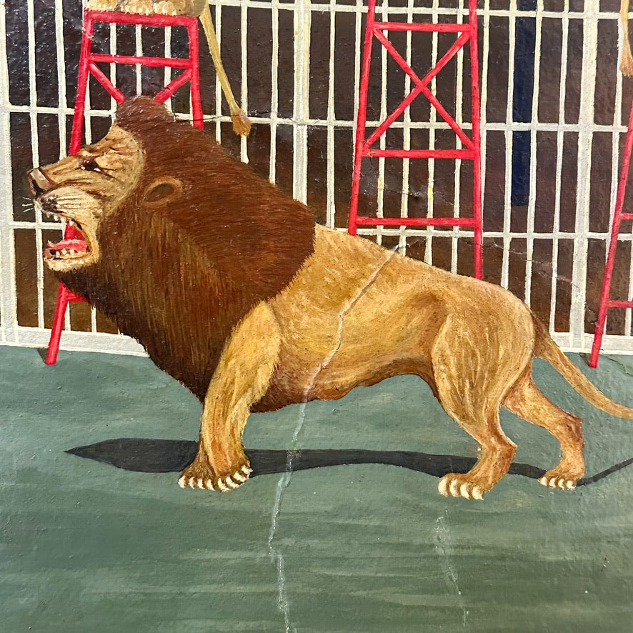 1930s Carnival Painting of Lion Tamer by Circus Painter R.G. Fiege