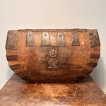 Antique Chinese Wood Grain Basket with Stylized Tulip Carving - 19th Century Folk Art Rice Baskets with Rivets - interior Design Statement