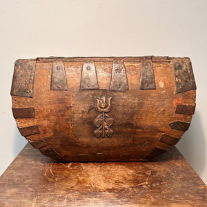 Antique Chinese Wood Grain Basket with Stylized Tulip Carving - 19th Century Folk Art Rice Baskets with Rivets - interior Design Statement