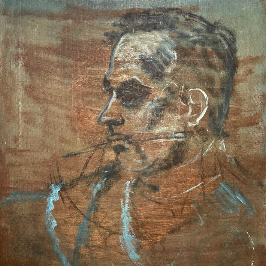 1940s Moody Painting of a Painter in Thought - Vintage Depression Era Artwork - Massachusetts Artist - Worcester Newspaper Artist