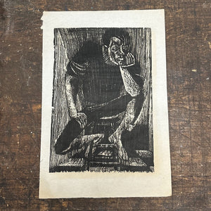 1960s Woodcut of Edgy Man Deep in Thought | Mystery Artist