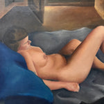 1930s Nude Painting of Reclining Woman | Signed Dick Schultz | Blue Velvet Drapery | WPA Era Chicago Vernacular Fine Art