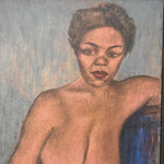 A painted portrait of a nude woman with short dark hair, shown from the shoulders up against a muted blue-gray background. The artwork has a textured, painterly style with warm skin tones and a deep blue area at the lower right.