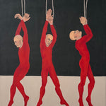 1960s Surrealist Oil Painting of Three Marionette Dancers | Signed Schrenzel | Large Mid Century Framed Canvas | Bauhaus Influence