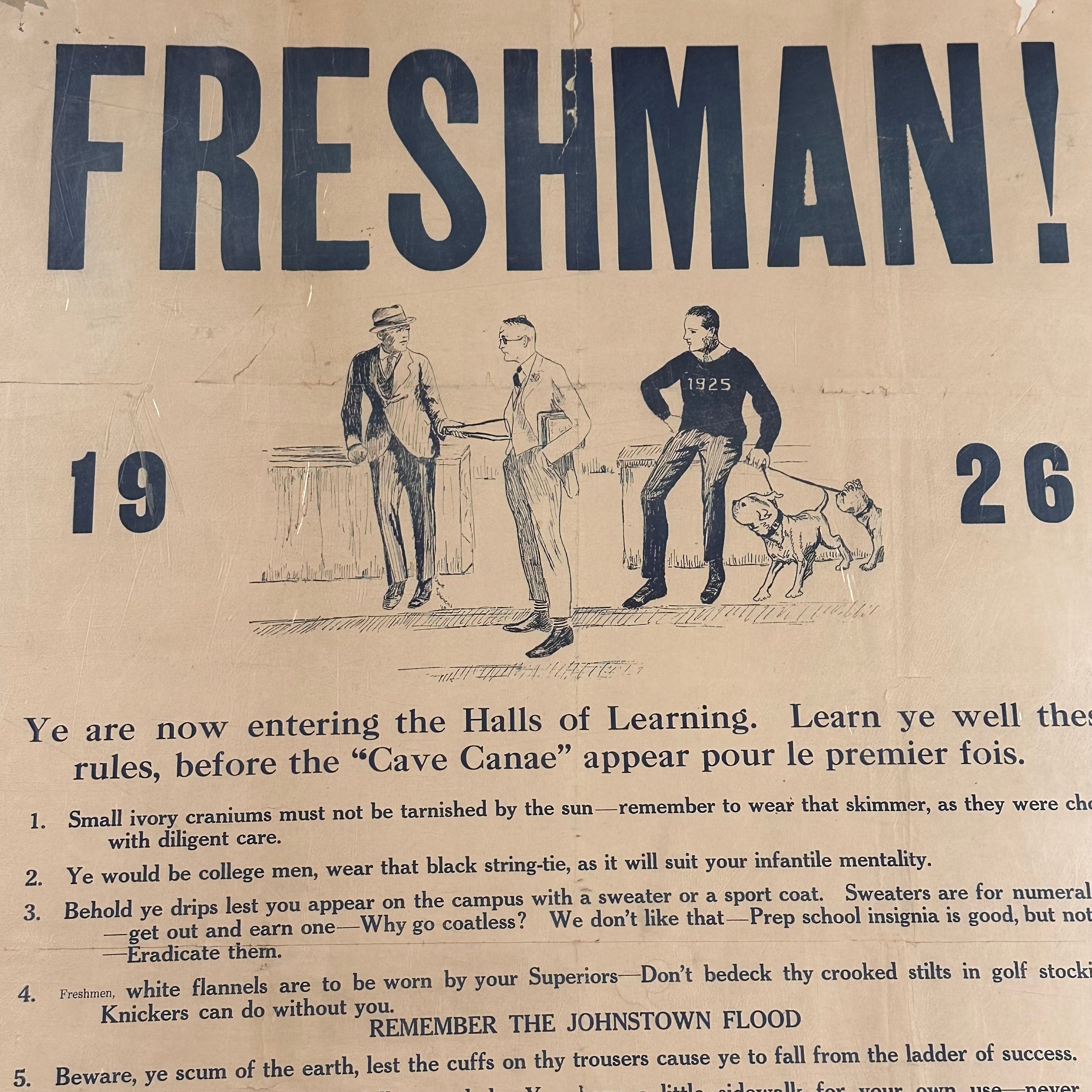 1920s Broadside College Rules Poster for Incoming Freshman - Antique Humorous Posters - Rare Historical Document - Animal House - AS IS