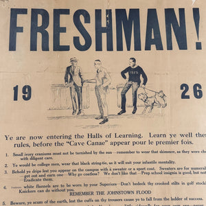 1920s Broadside College Rules Poster for Incoming Freshman - Antique Humorous Posters - Rare Historical Document - Animal House - AS IS