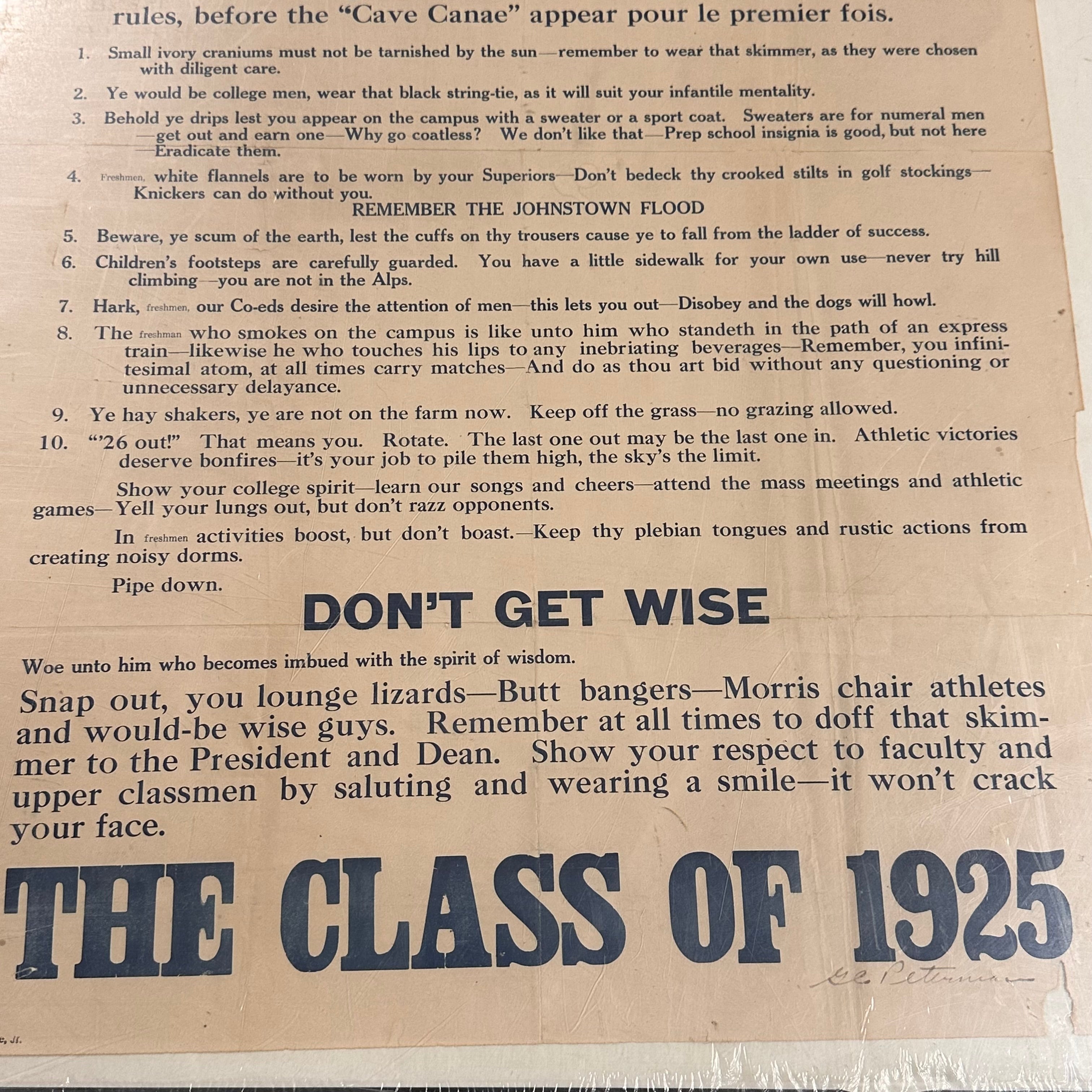 1920s College Rules Broadside Poster for Freshman