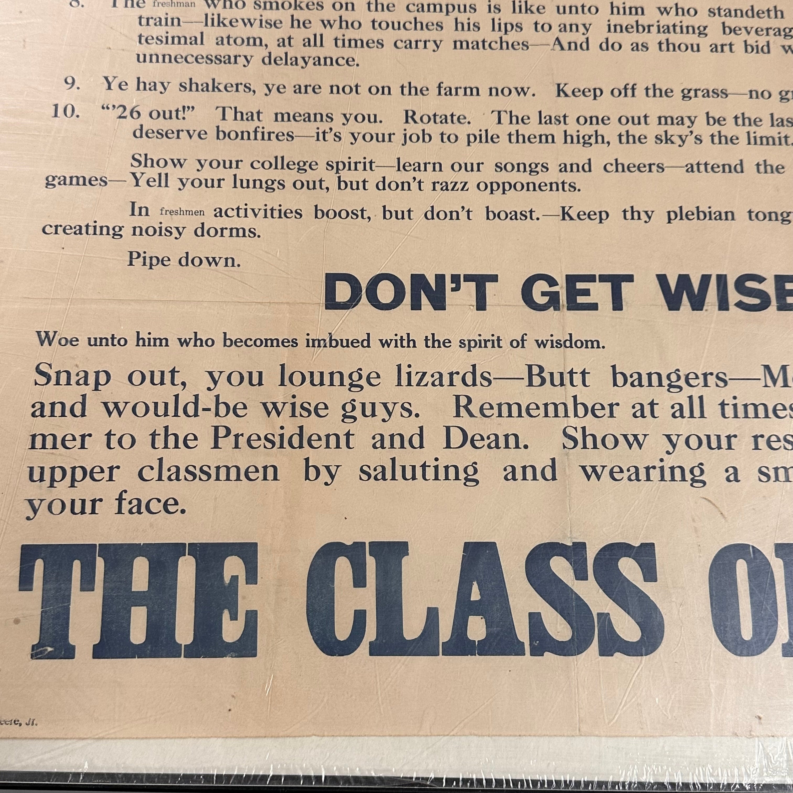 1920s College Rules Broadside Poster for Freshman