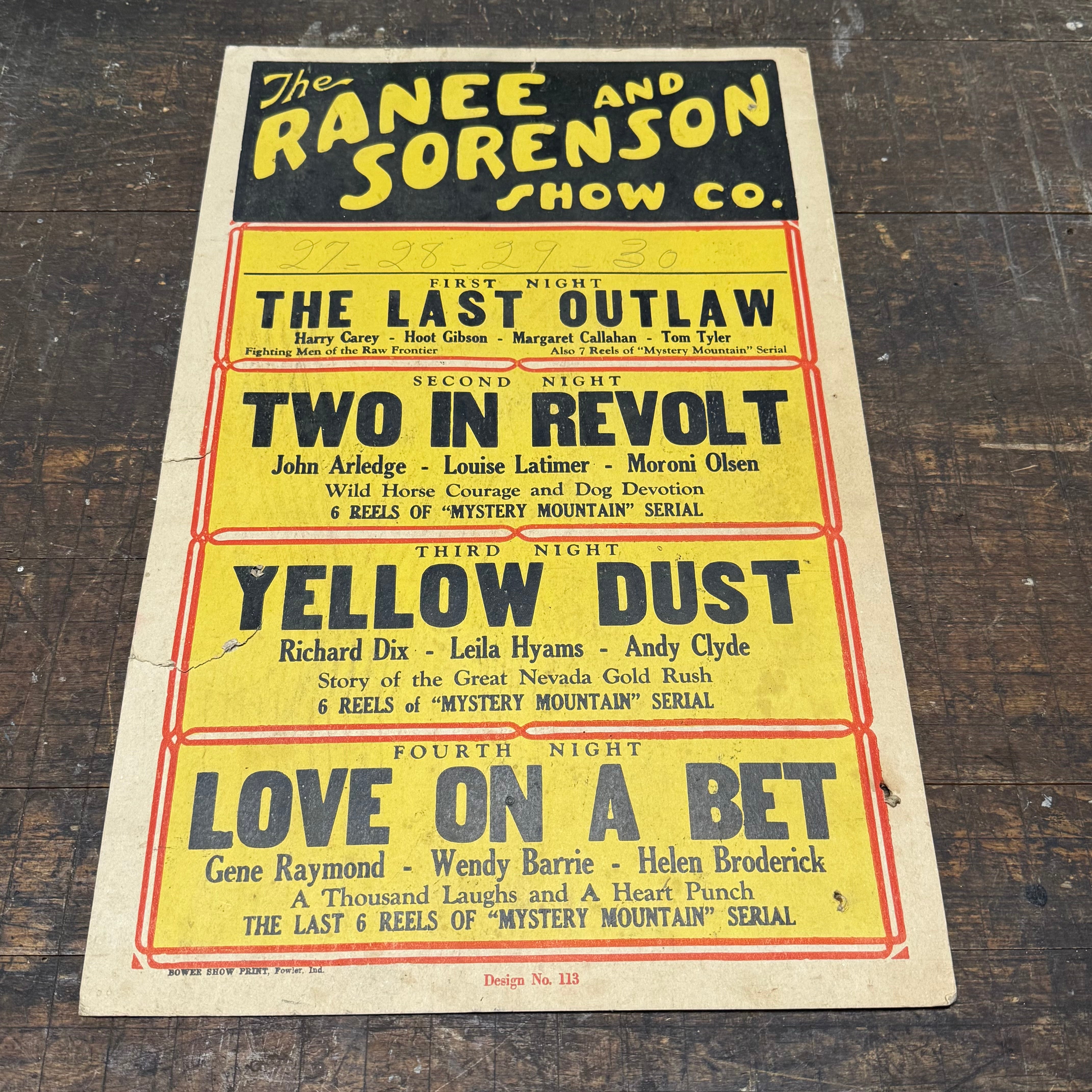 1930s Traveling Show Broadside Poster Featuring Four Nights of Serial Films