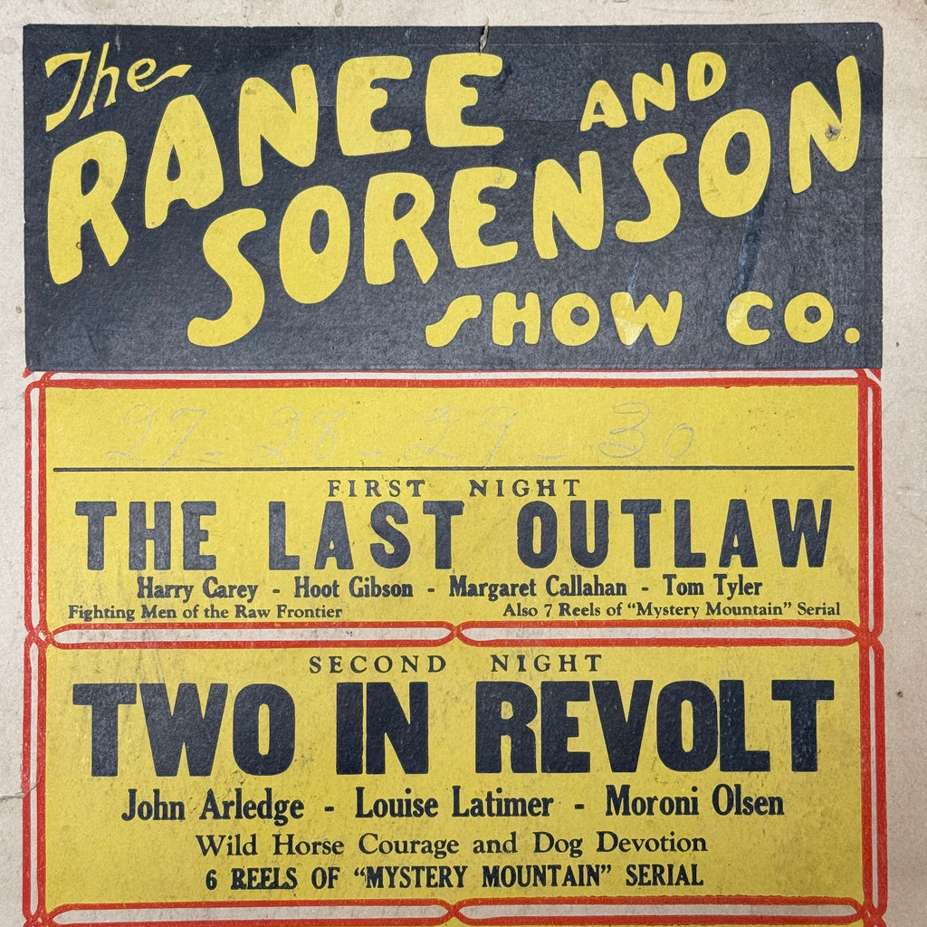 1930s Traveling Show Broadside Poster Featuring Four Nights of Serial Films - Depression Era Posters - Rare Historical Document - AS IS