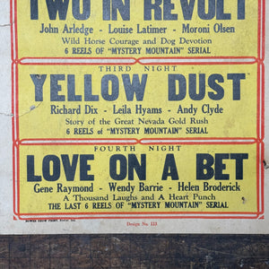 1930s Traveling Show Broadside Poster Featuring Four Nights of Serial Films