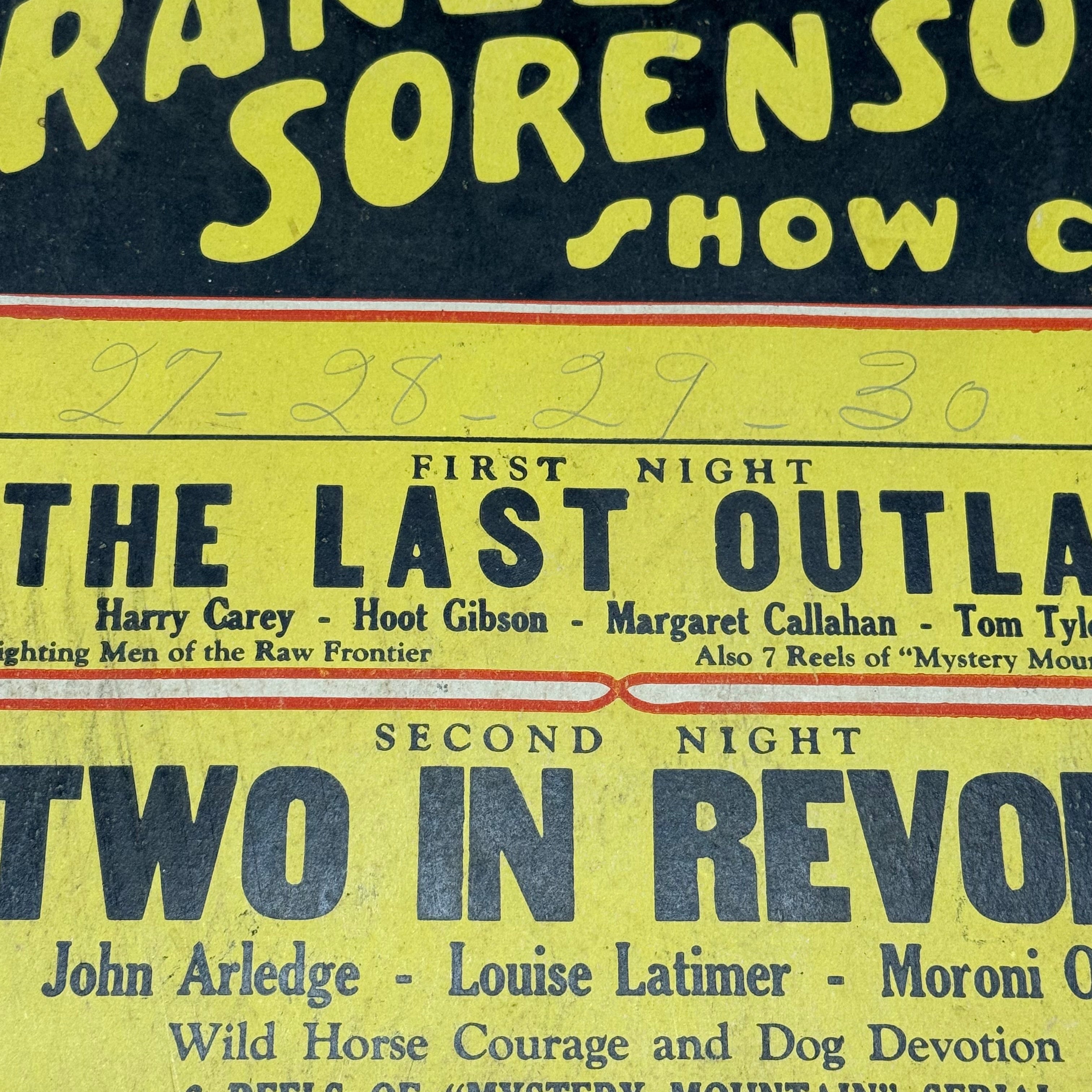 1930s Traveling Show Broadside Poster Featuring Four Nights of Serial Films