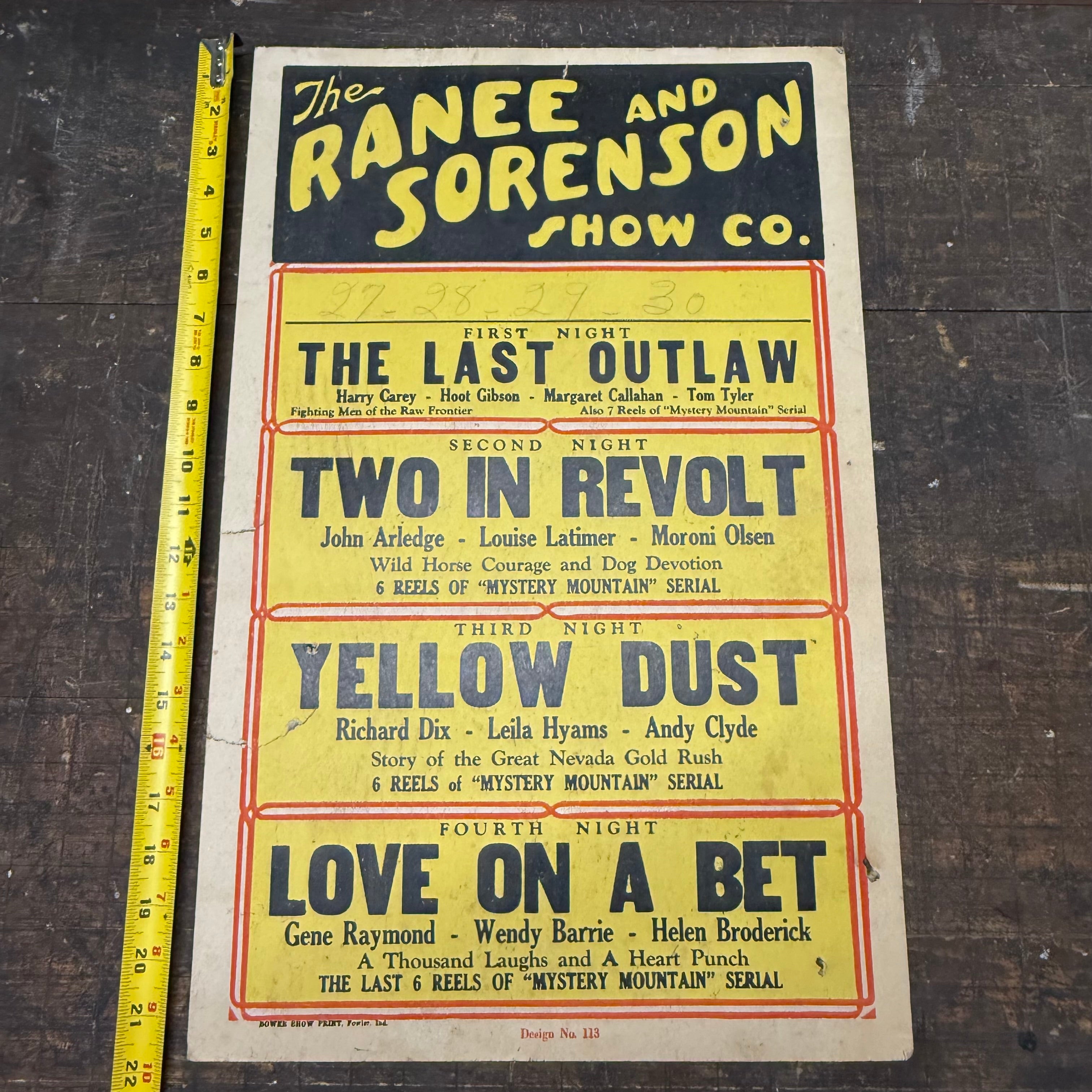 1930s Traveling Show Broadside Poster Featuring Four Nights of Serial Films