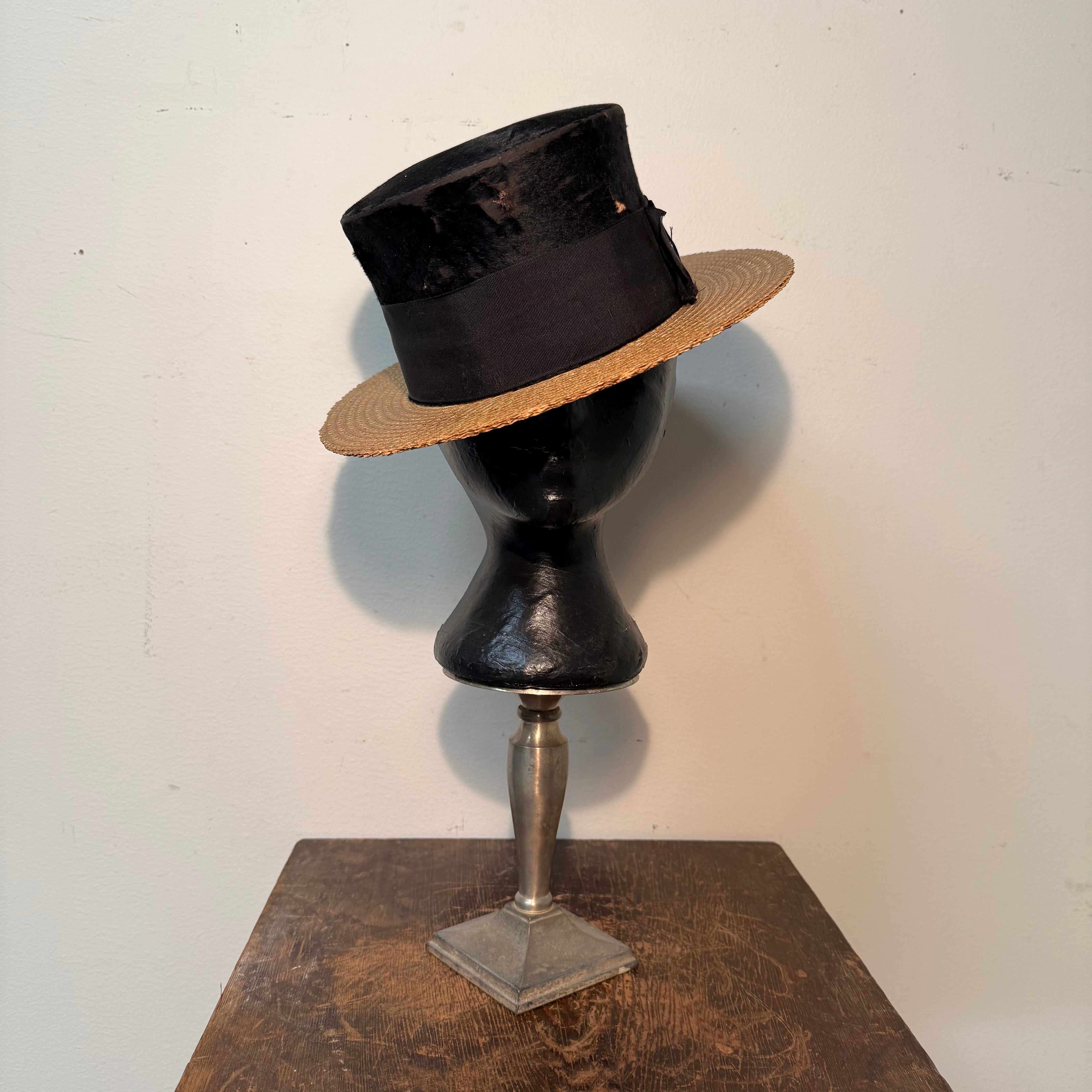 Antique Young Bros Porkpie Hat with Mixed Felt and Straw | 7 3/8