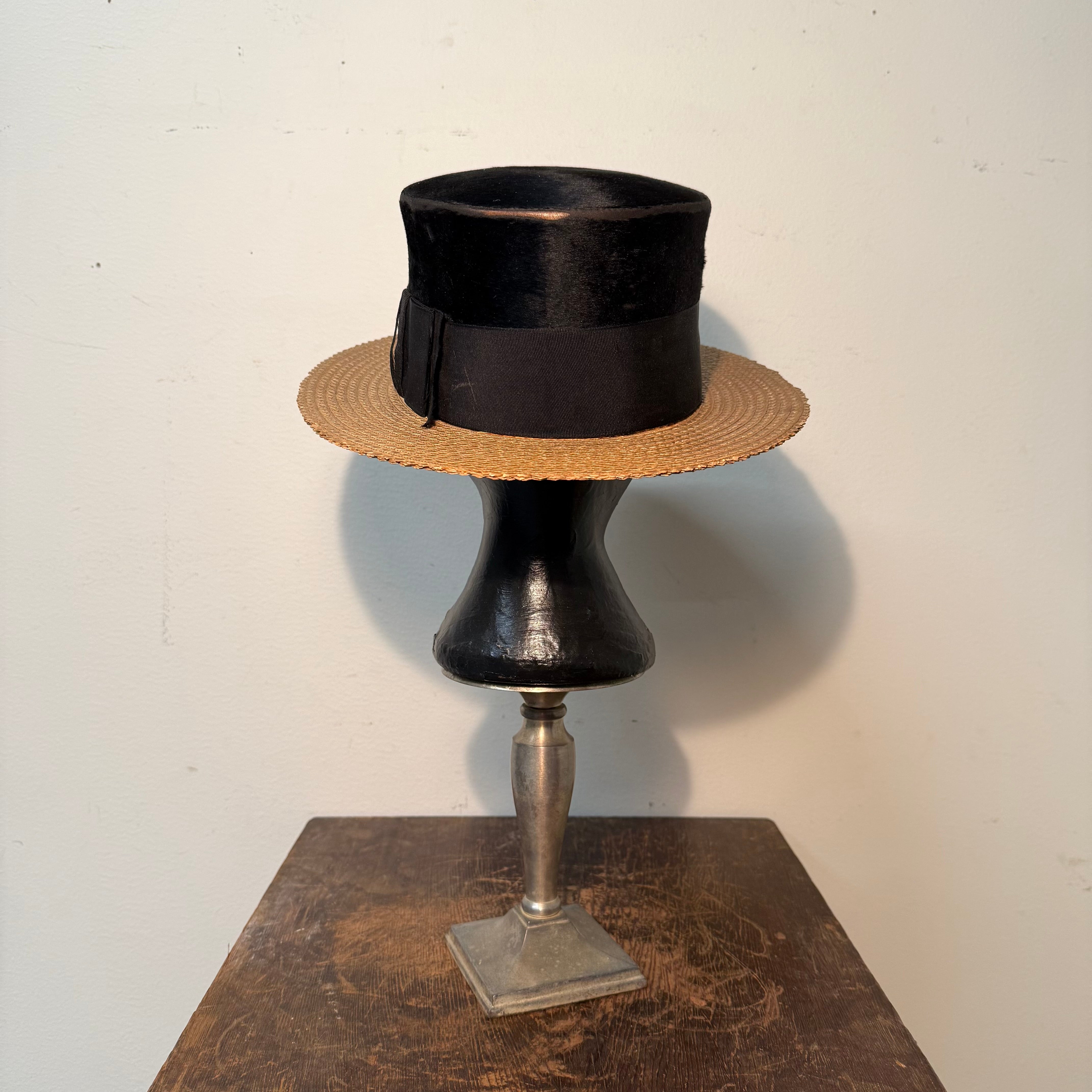 Antique Young Bros Porkpie Hat with Mixed Felt and Straw | 7 3/8