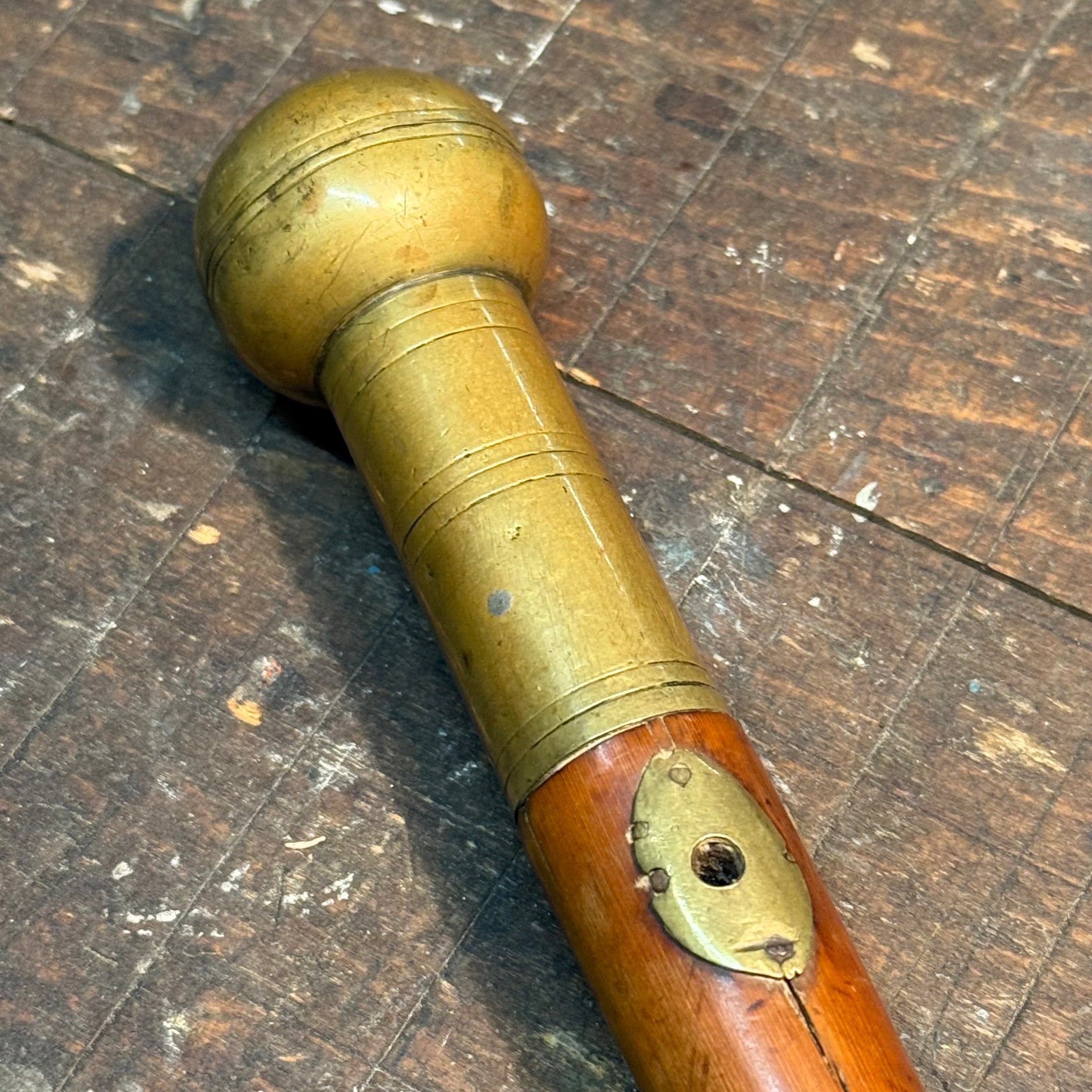18th Century Malacca Cane with Ornate Brass Top and Ferrule - 1700s Walking Stick - Rare Cobblestone Canes - Great Patina - Gentleman - 33”
