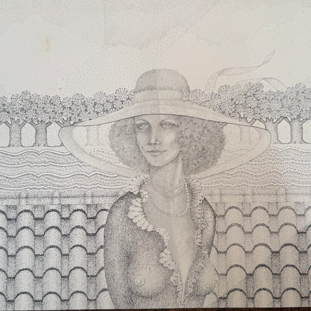 1970s Psychedelic Stipple Drawing of Woman in Formal Wear