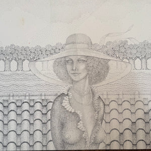 1970s Psychedelic Stipple Drawing of Woman in Formal Wear