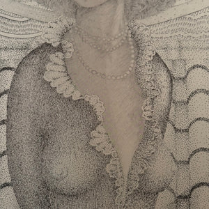 1970s Psychedelic Stipple Drawing of Woman in Formal Wear
