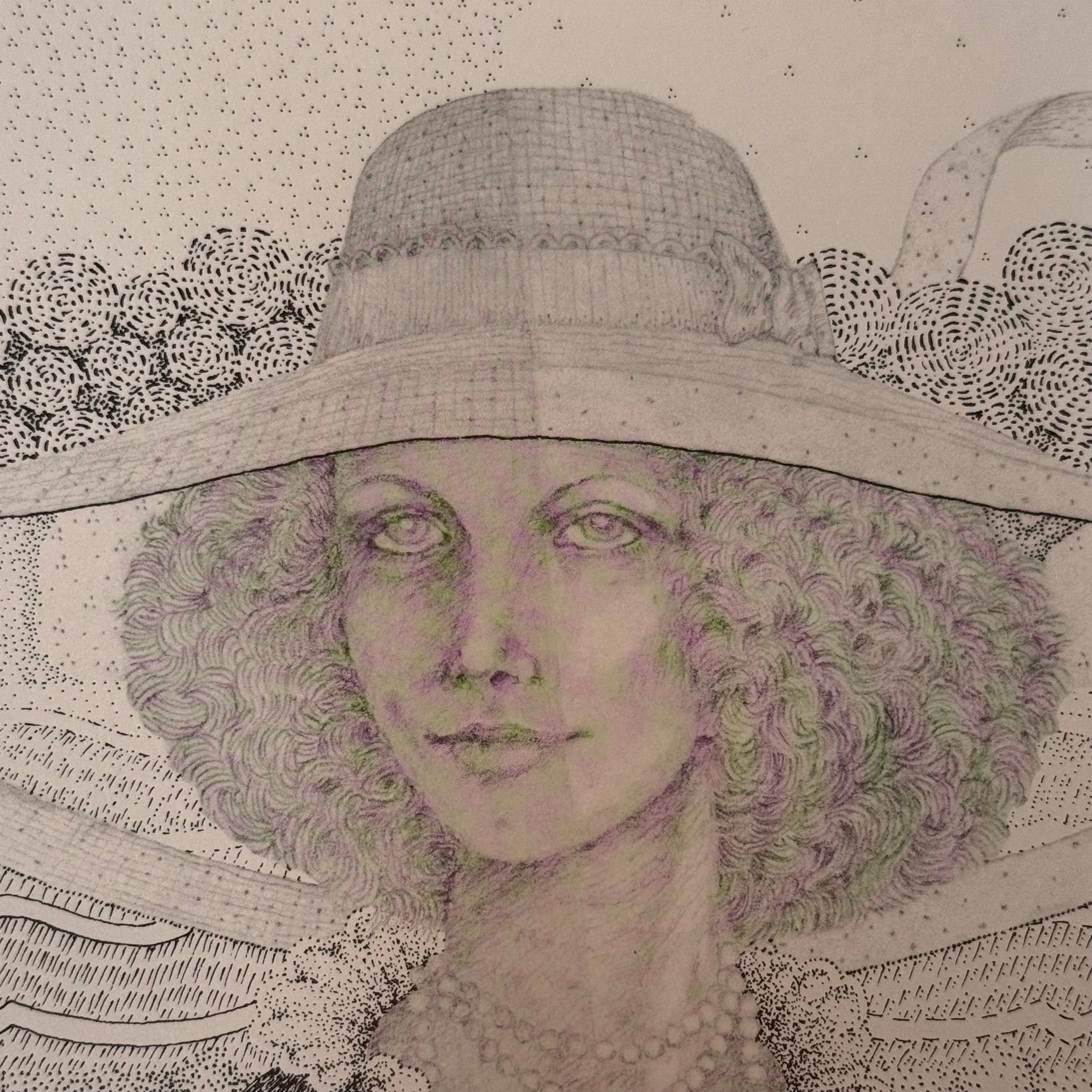 1970s Psychedelic Stipple Drawing of Woman in Formal Wear
