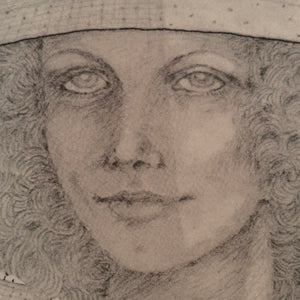 1970s Psychedelic Stipple Drawing of Woman in Formal Wear