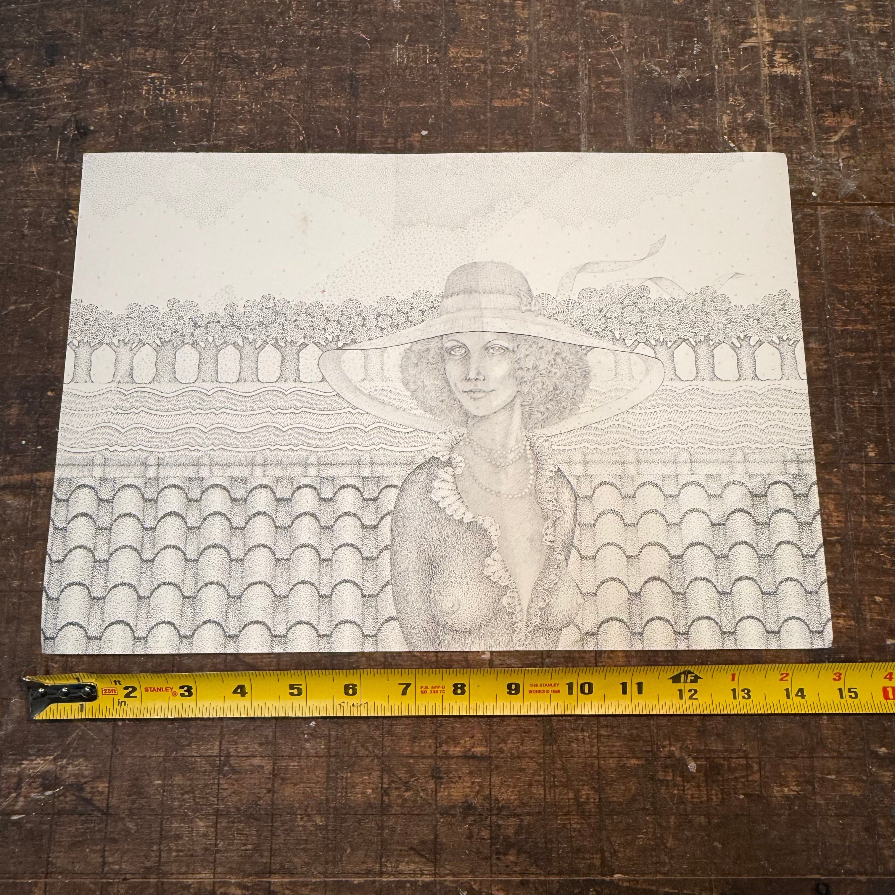 1970s Psychedelic Stipple Drawing of Woman in Formal Wear