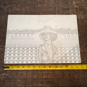 1970s Psychedelic Stipple Drawing of Woman in Formal Wear