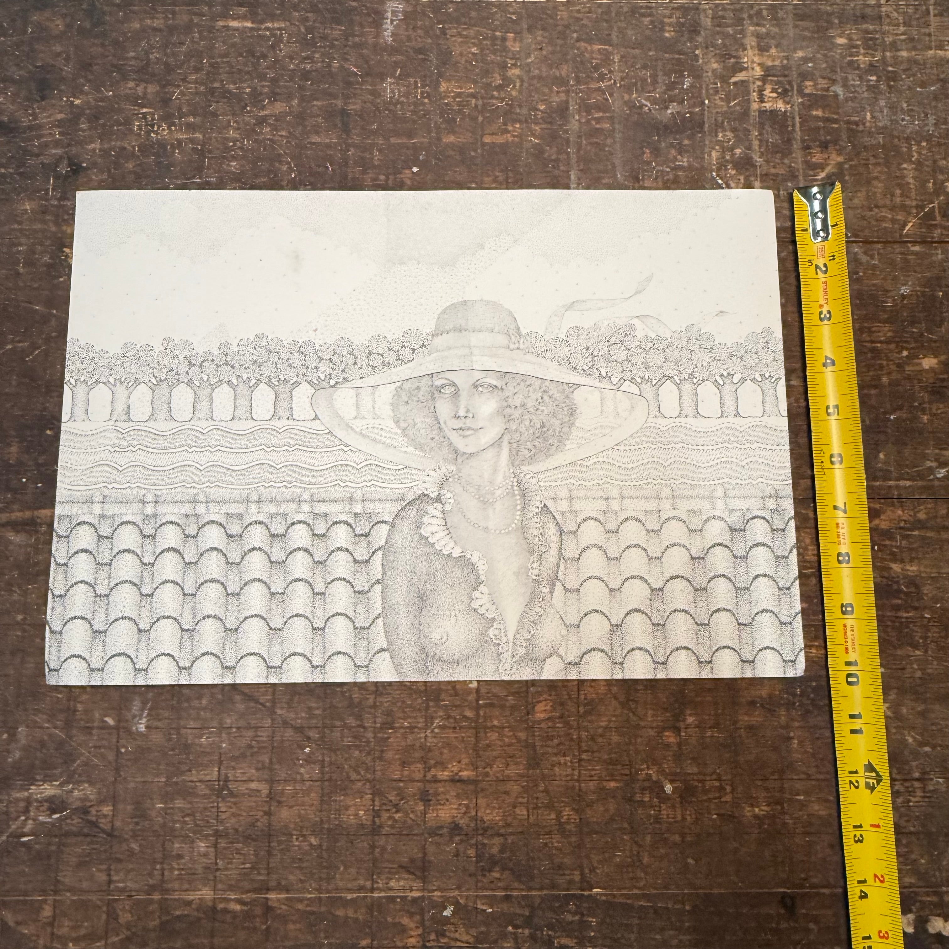 1970s Psychedelic Stipple Drawing of Woman in Formal Wear