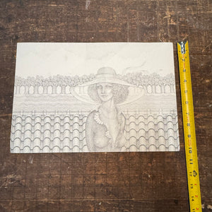 1970s Psychedelic Stipple Drawing of Woman in Formal Wear