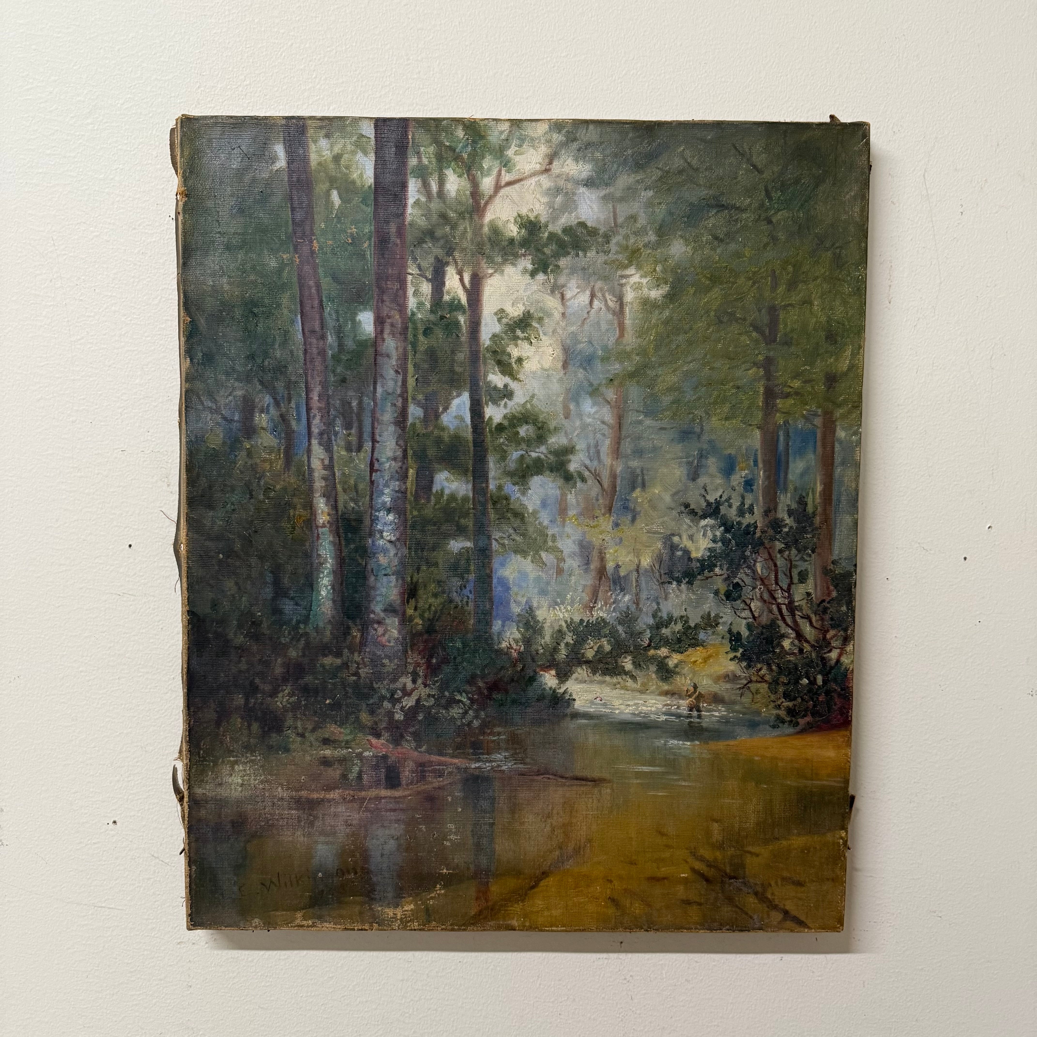 Early 1900s Fly Fishing Painting in River Landscape | Signed 1908