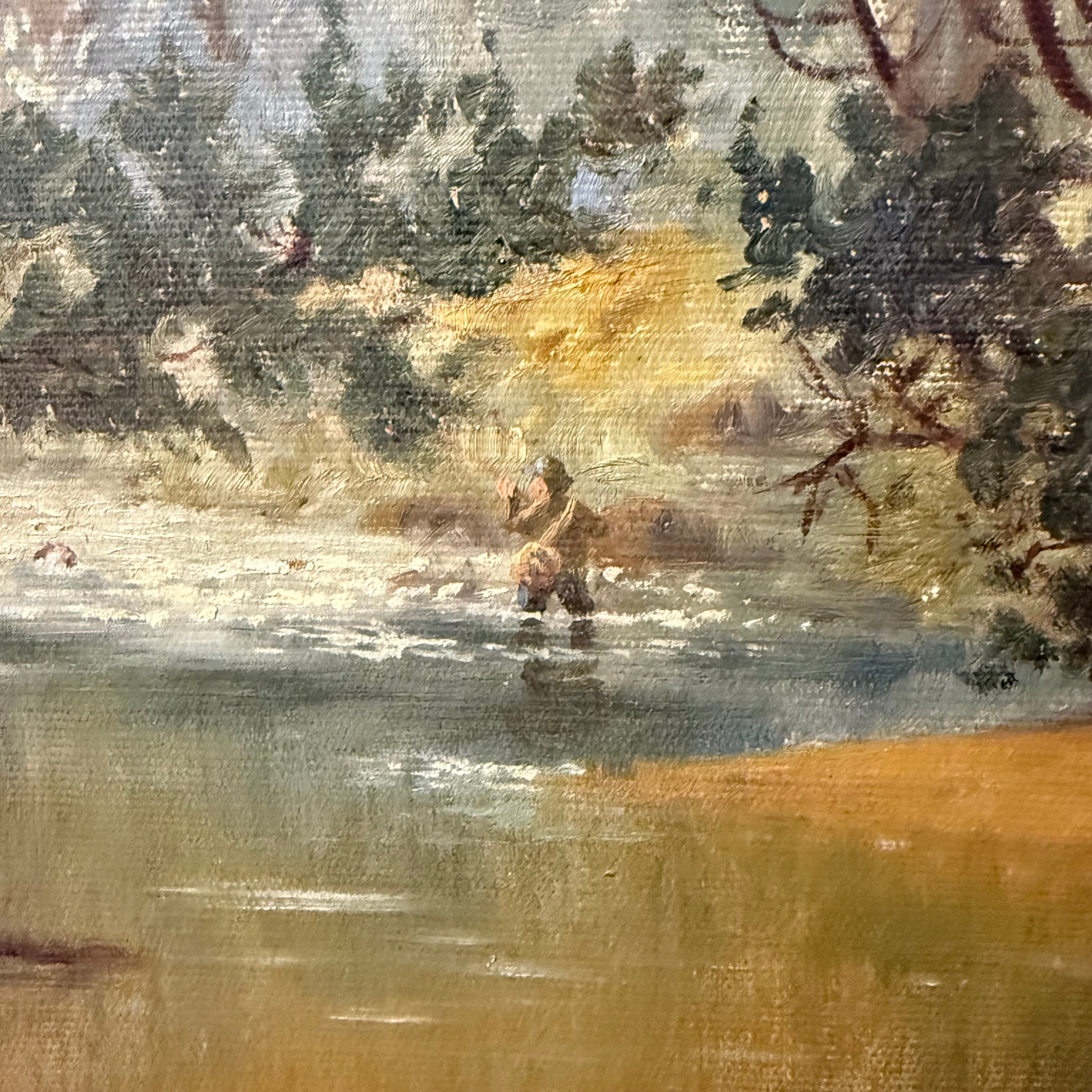 Early 1900s Fly Fishing Painting in River Landscape | Signed 1908