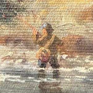 Early 1900s Fly Fishing Painting in River Landscape | Signed 1908