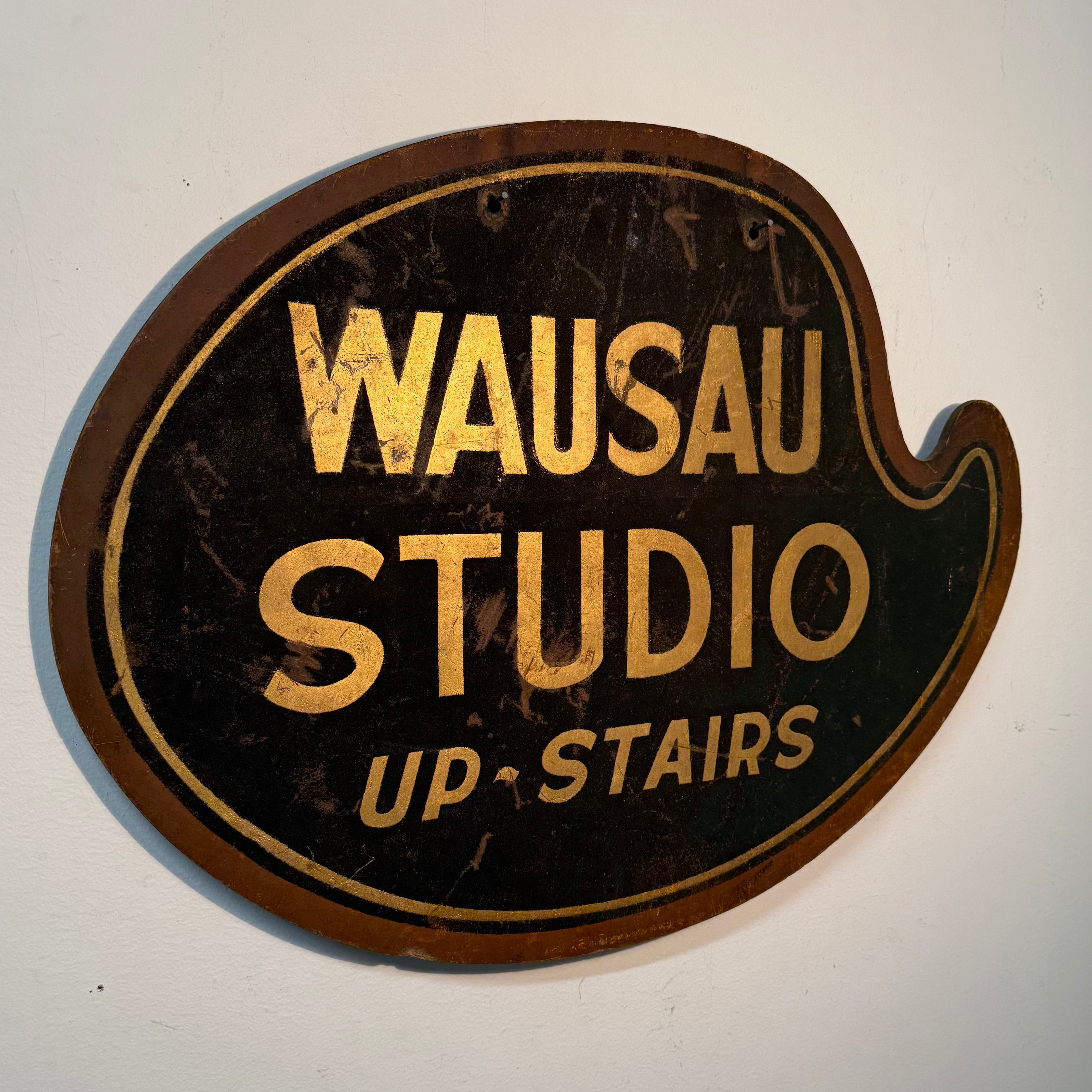 Rare Antique Photography Studio Trade Sign | 1900s Wausau Studio Up-Stairs | Double-Sided Gilded Signs | Wisconsin Folk Art
