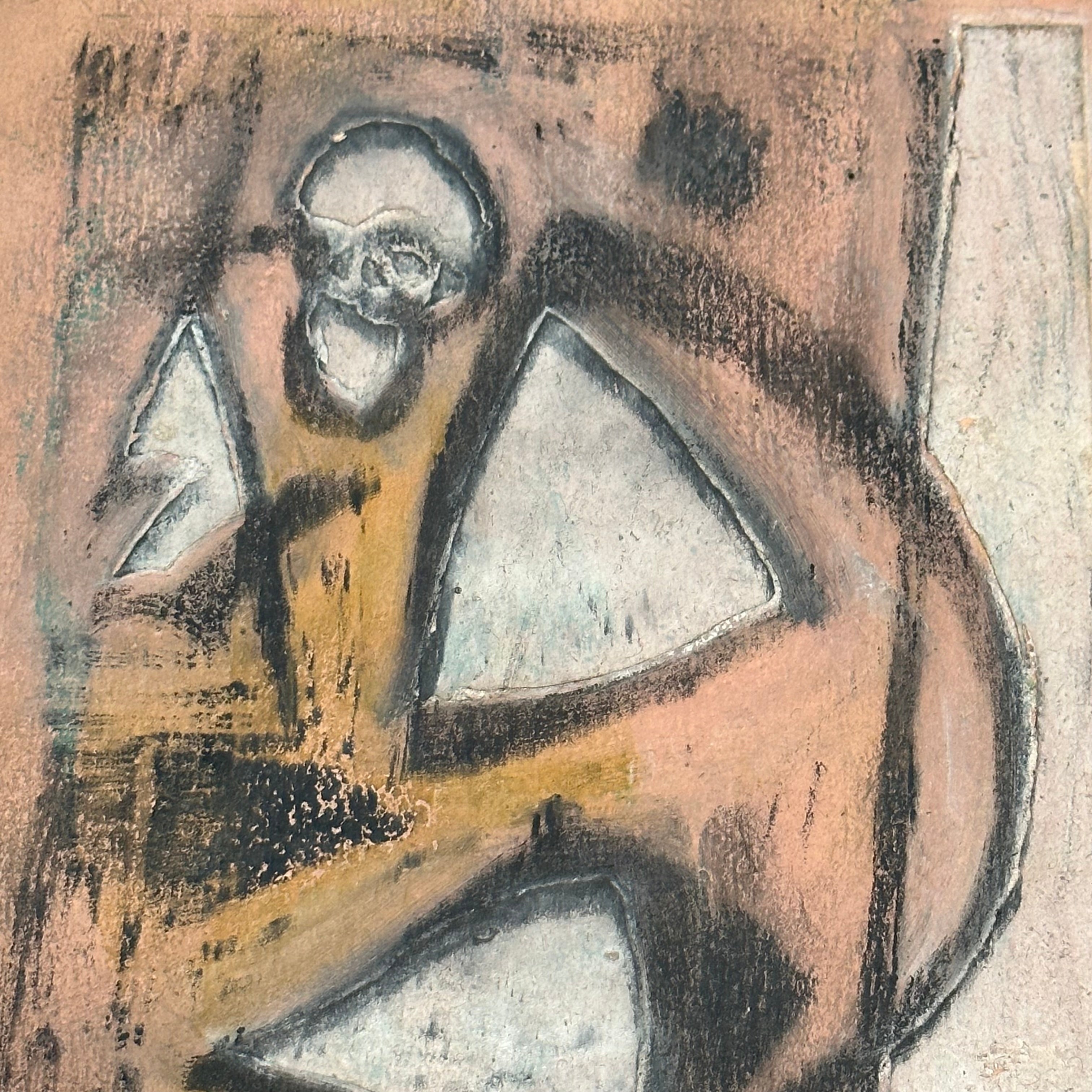 Bernard Gussow Abstract Skeleton Painting on Board - Reverse Provenance Stamp - Rabin & Krueger Gallery - WPA Artist - Midcentury - 9” x 7”