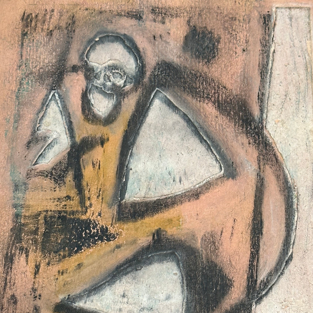 Bernard Gussow Abstract Skeleton Painting on Board - Reverse Provenance Stamp - Rabin & Krueger Gallery - WPA Artist - Midcentury - 9” x 7”