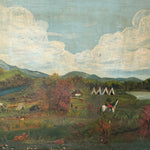 19th Century American Frontier Oil Painting - Folk Art Treaty Era Camp Scene -Métis Rider - Tepees & Covered Wagon - c.1870