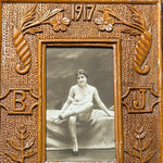 WWI Trench Art Sweetheart Frame with Vintage Photograph Front and Pencil Nude Drawing on Verso | Hand Carved Folk Art | B J Monogram
