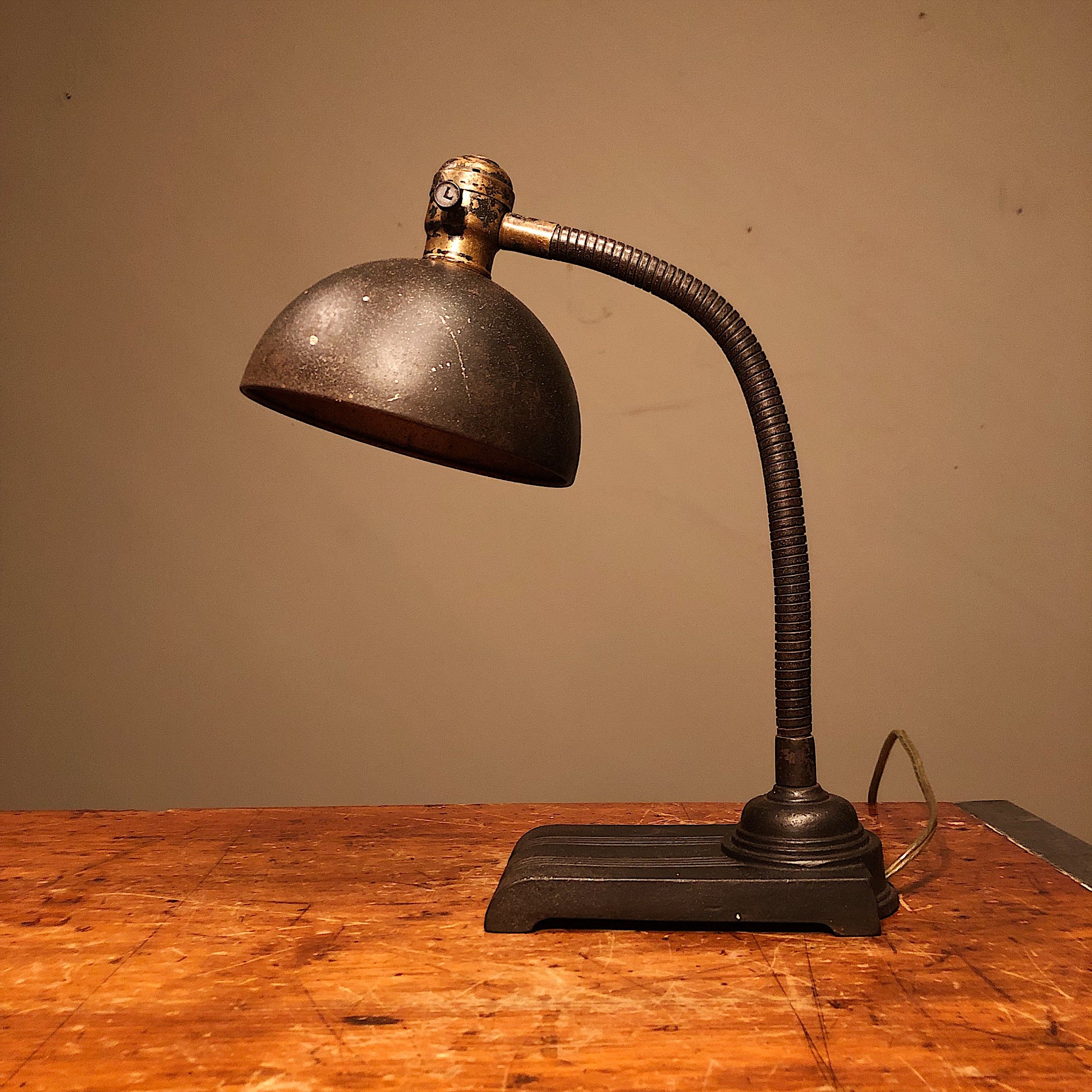 Antique Gooseneck Desk Lamp with Unusual Shade - 1920s Art Deco Period -  Gun Metal Light