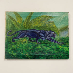 WPA Era Painting of Black Panther in Tropical Scene - 1950s - Signed Vaughn Lee - Vintage Folk Art Wildlife Paintings - Unusual Style