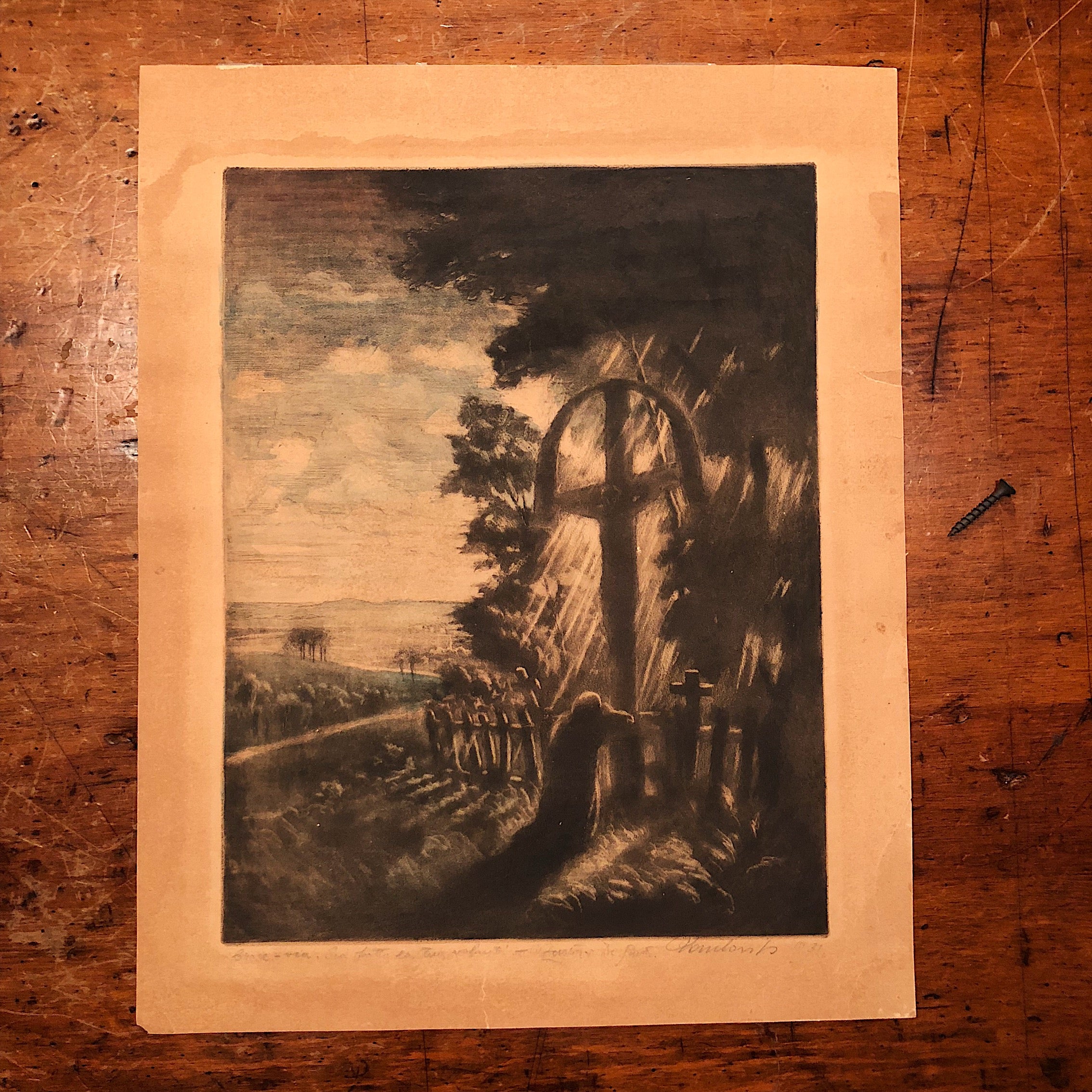 Antique Graveyard Engraving Signed by Mystery Artist 