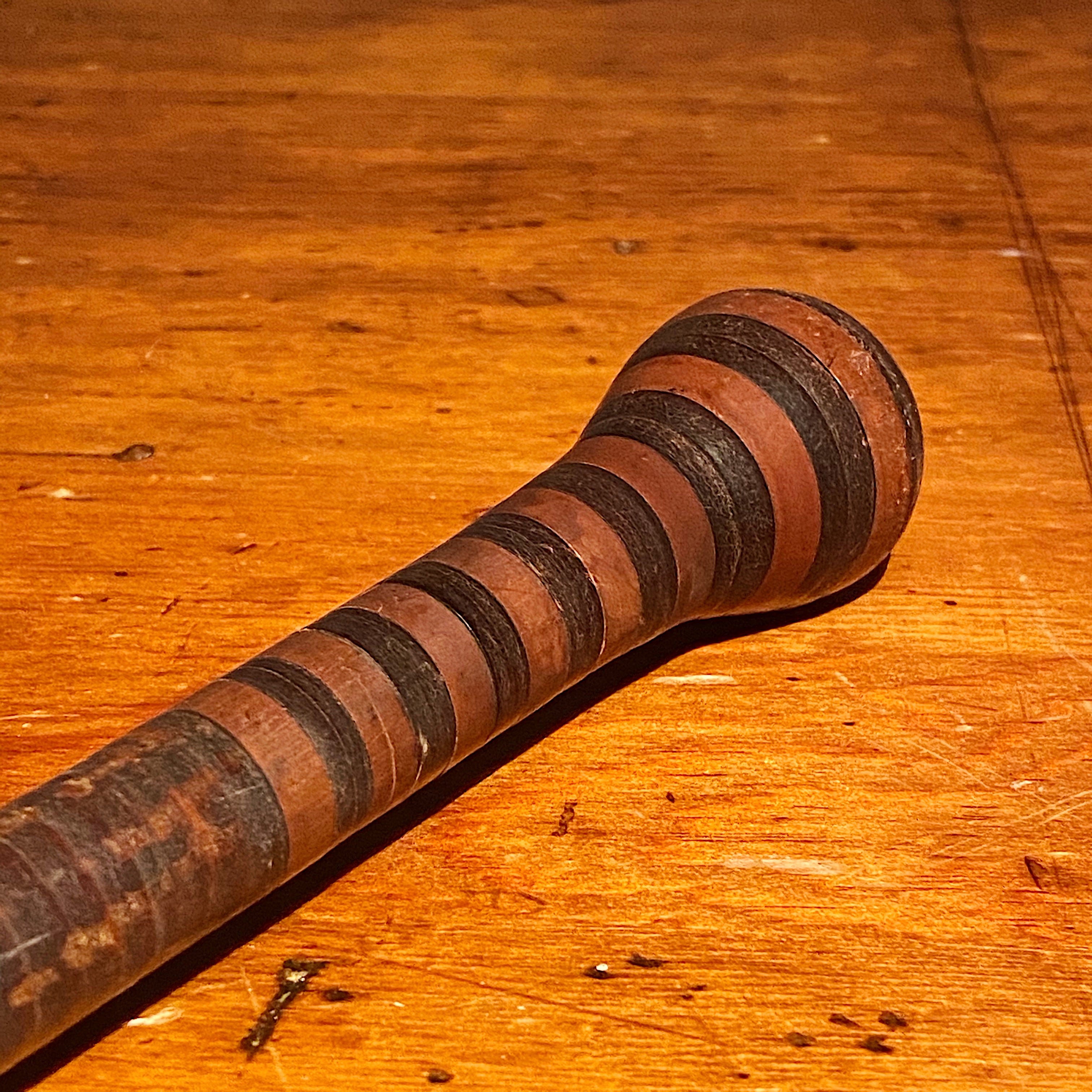 Antique Stacked Leather Cane with Tiger Stripe Handle | 1800s