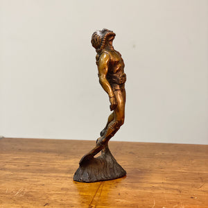 Side view of Scuba Diver Bronze Sculpture from 1973 - Signed by Mystery Artist - 14" tall - Rare Nautical Sculptures - Vintage Deep Sea Collectible