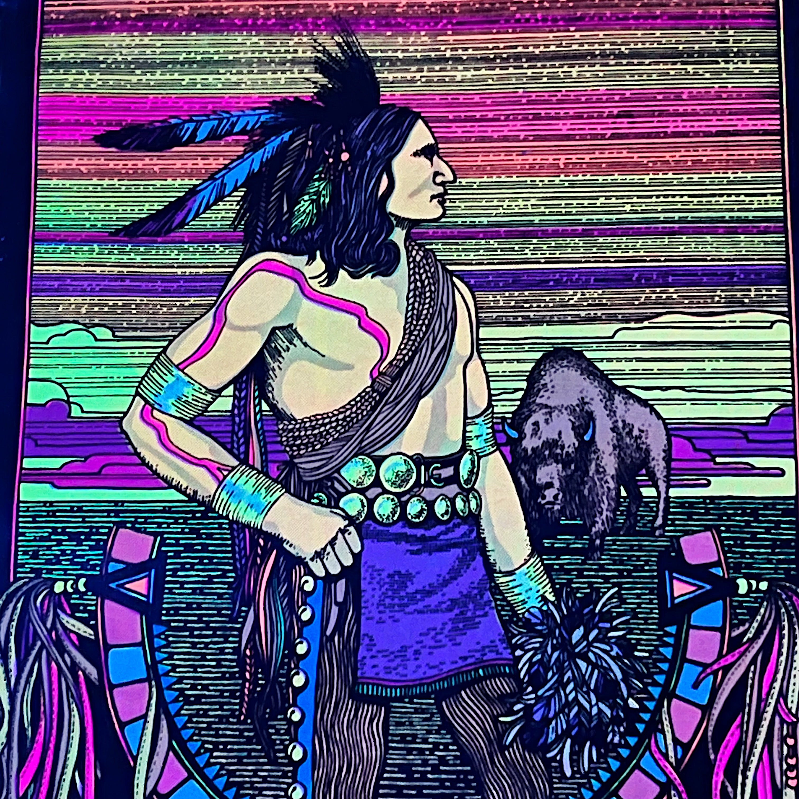 Rare 1970s Sioux Black Light Poster - Western Graphics Corporation No. 386 - Vintage Head Shop Art - Rare Hippy Posters - 31" x 18" - AS IS