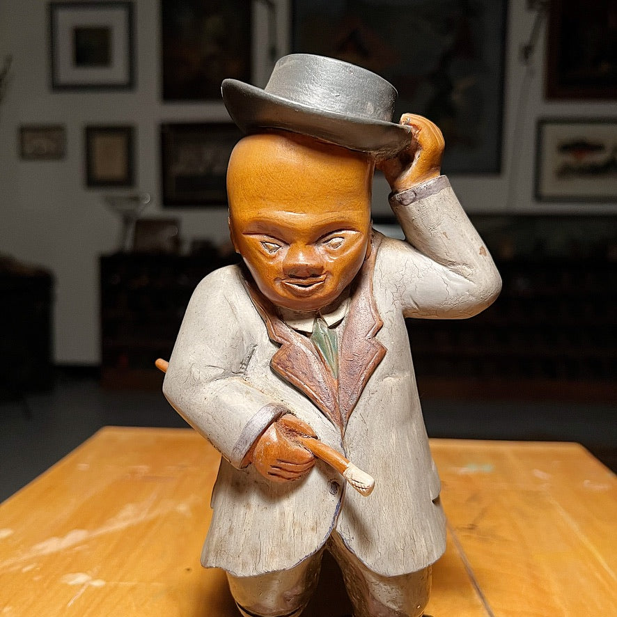 Tony Wons Folk Art Sculpture of Figure in Hat Suit | 1950s