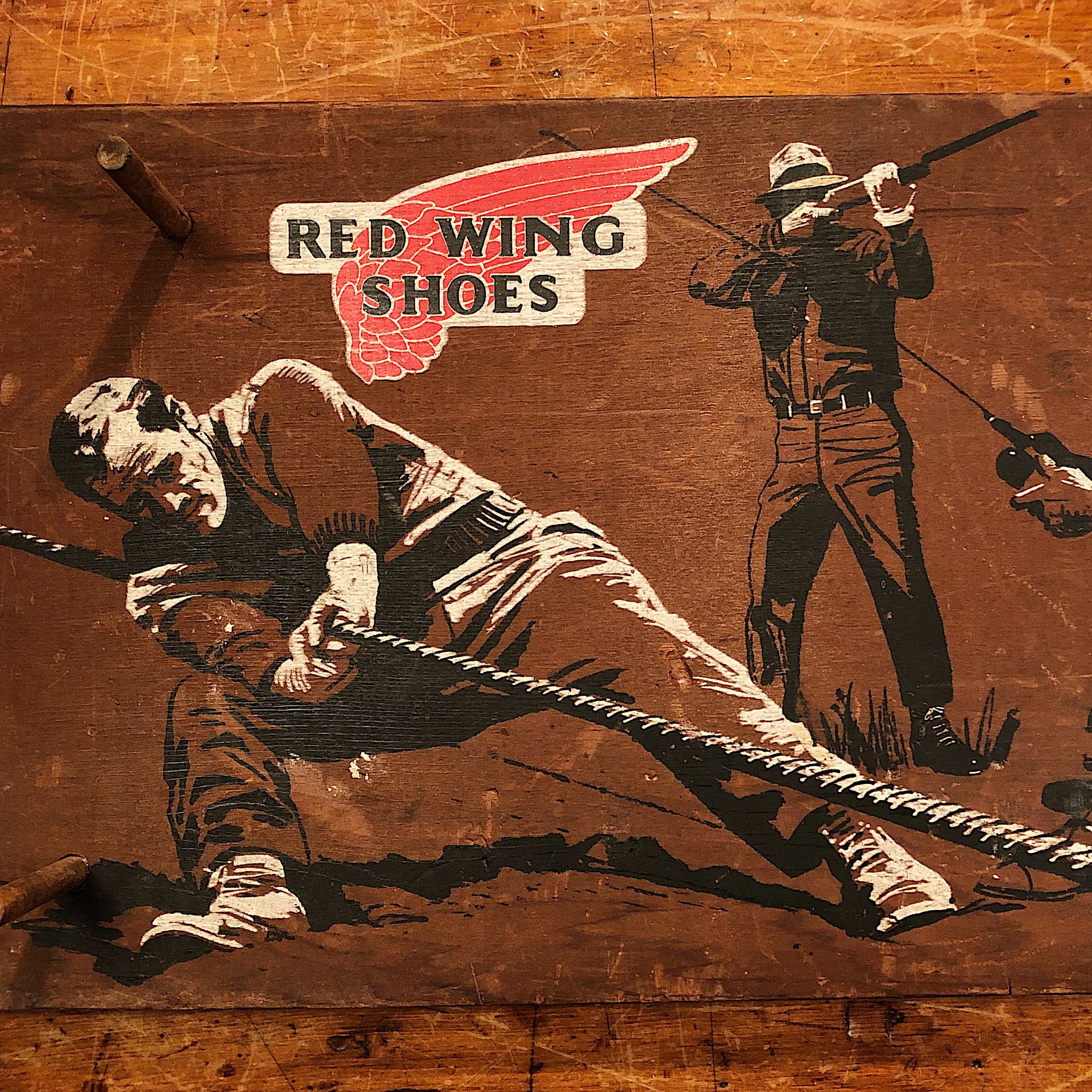 Vintage Red Wing Shoes Store Display Sign - 1960s - Print on Wood Peg Hanger - Workwear - Fishing Hunting Working - Rare Advertising Piece