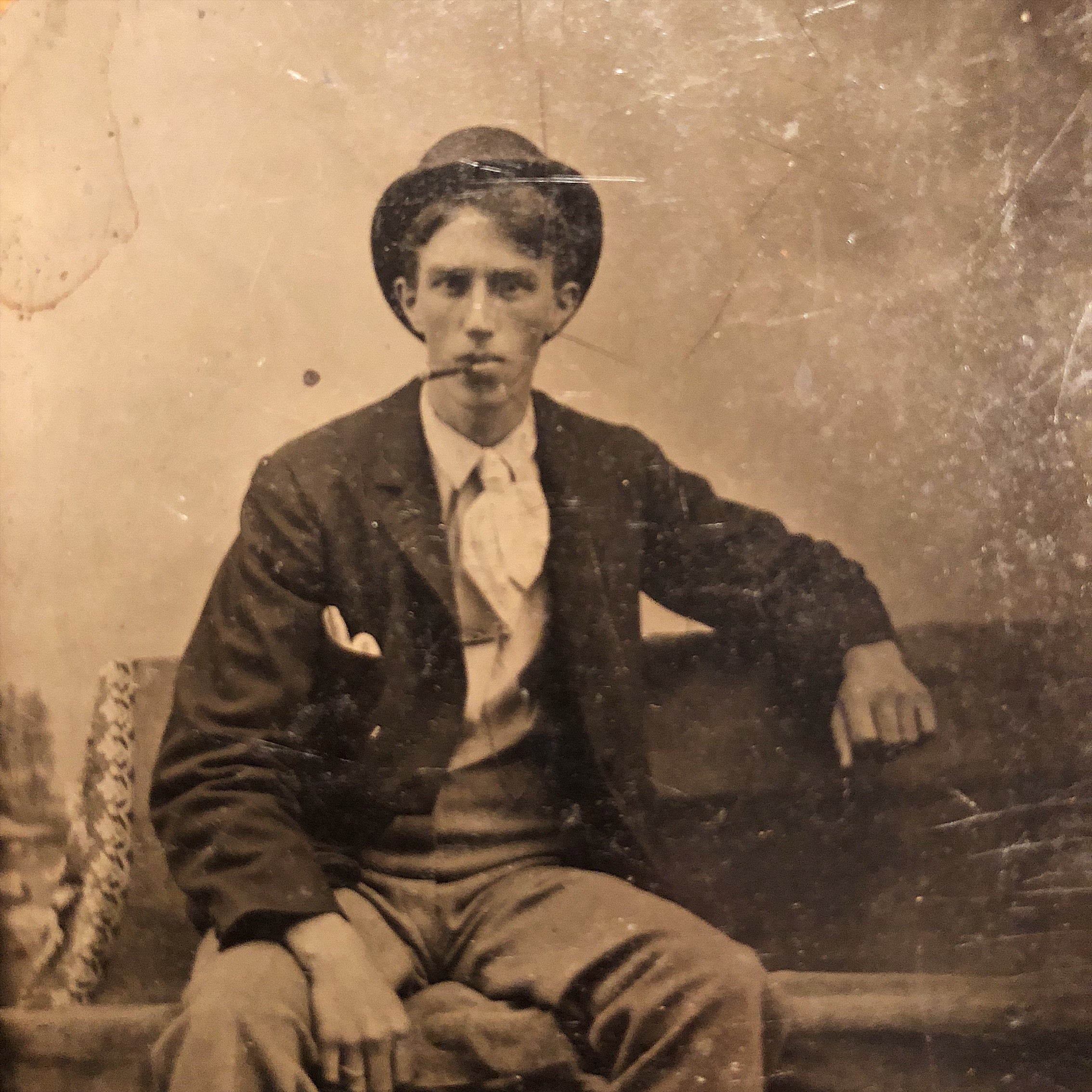 Antique TinType of Dapper Gentleman Smoking a Cigar 1800s