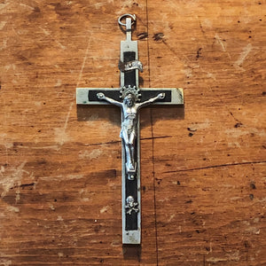 Antique Nickel Crucifix with Skull and Crossbones - Vintage Inlay Cross - Priest Nun - Inri Religious Decor