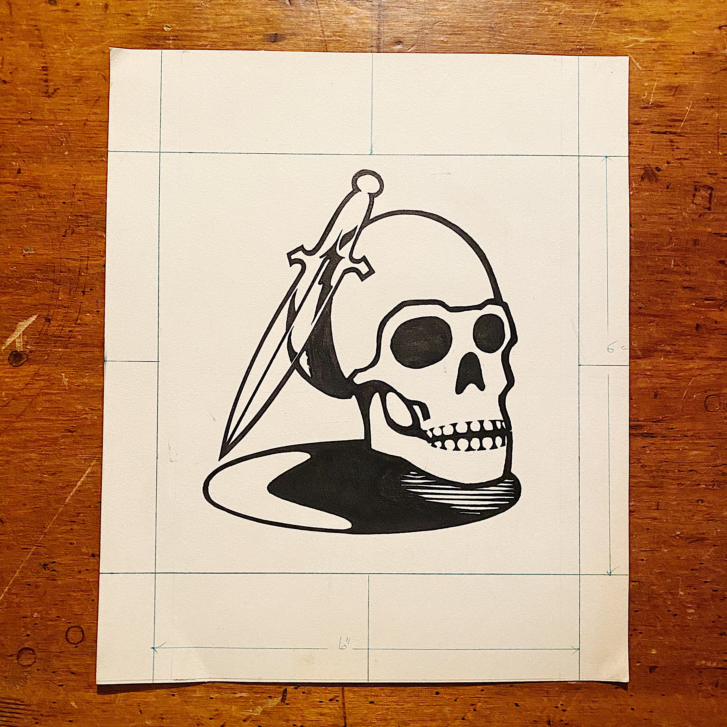 Skull Knife Tattoo Logo Design - Ink on Paper - 1990s? - Flash Art - Underground Artwork - Vinyl Store